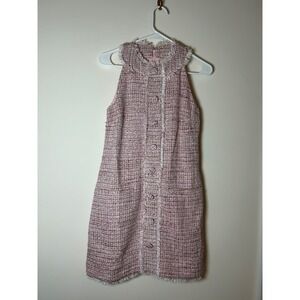 GEORGIE Pink Tweed Fringe Collar Button Front Sleeveless Mini Dress XS
